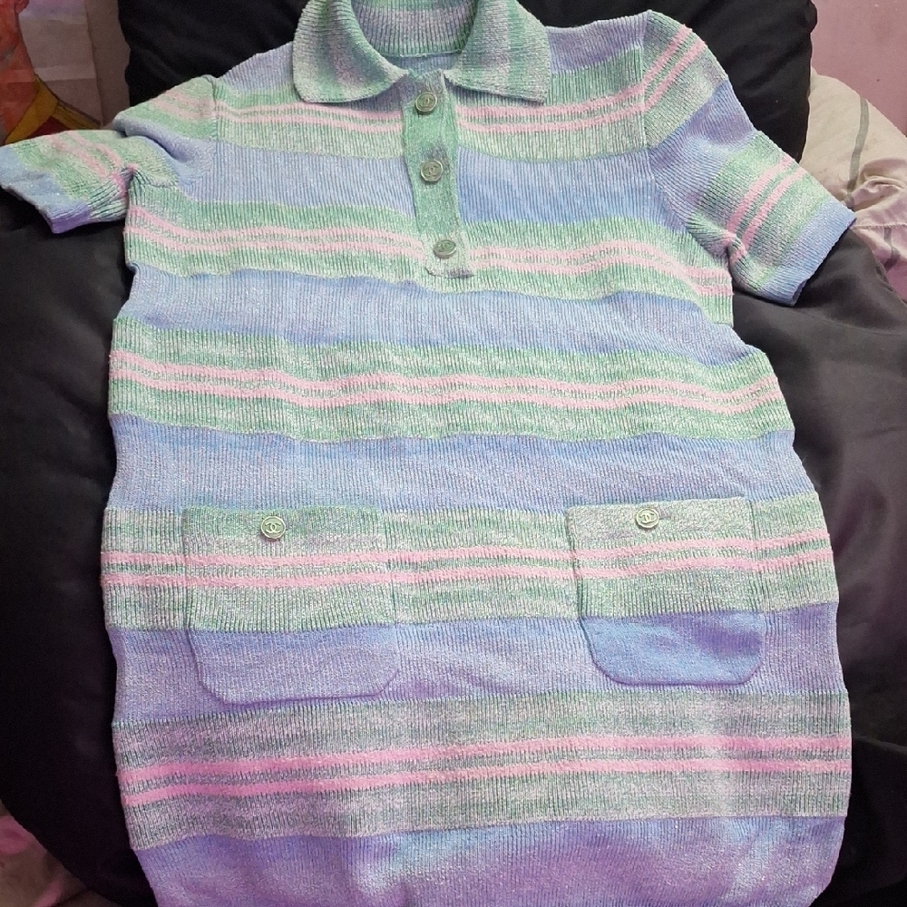 CHANEL Blue and Pink Midi Dress with Textured Striped Pattern